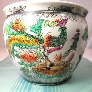 Vintage Chinese Porcelain Fishbowl Planter Pheasant & Peony Flower Pot 7.25"